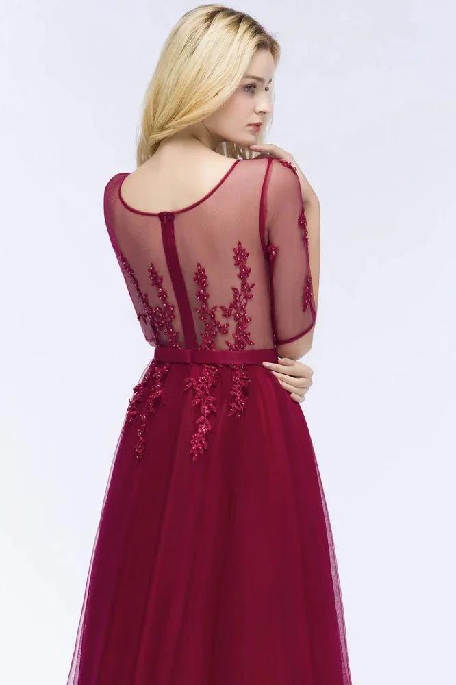 A-line Floor Length Appliques Tulle Bridesmaid Dress Half Sleeve Evening Dress (ZD13025)