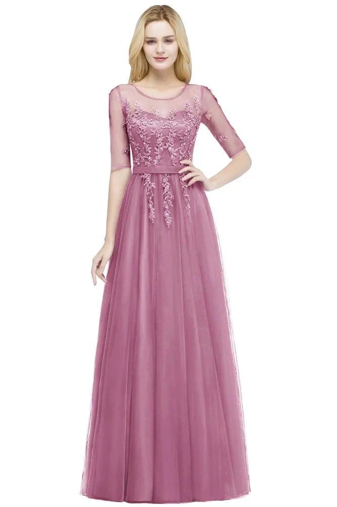 A-line Floor Length Appliques Tulle Bridesmaid Dress Half Sleeve Evening Dress by misshow.com