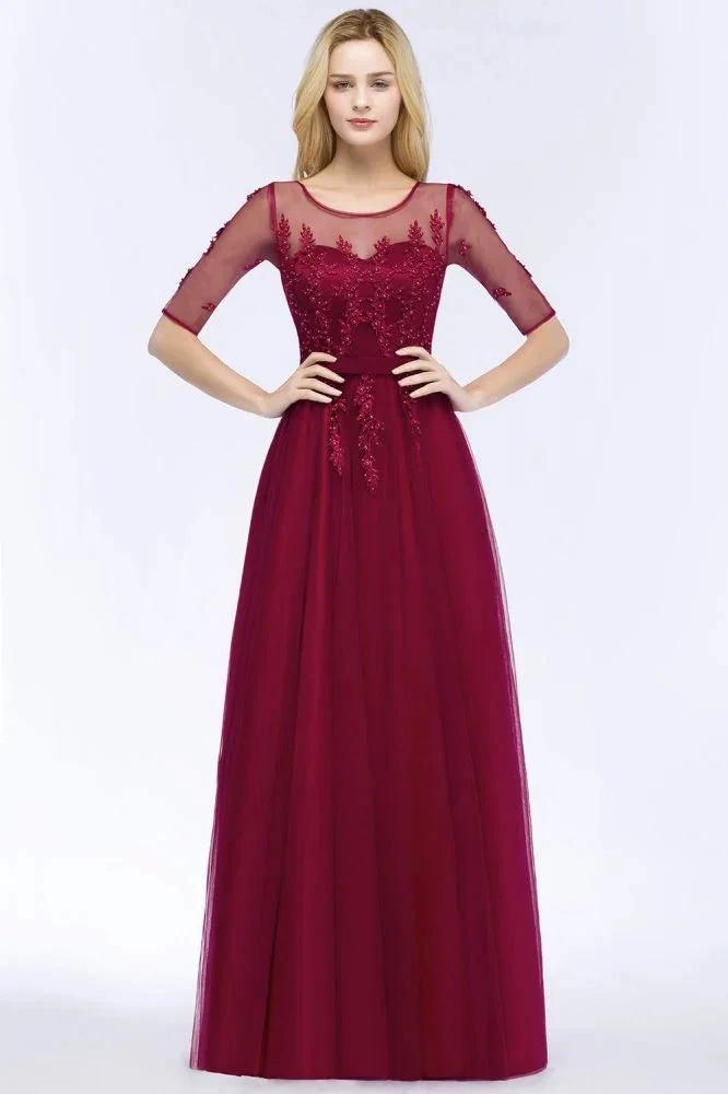 A-line Floor Length Appliques Tulle Bridesmaid Dress Half Sleeve Evening Dress (ZD13025)