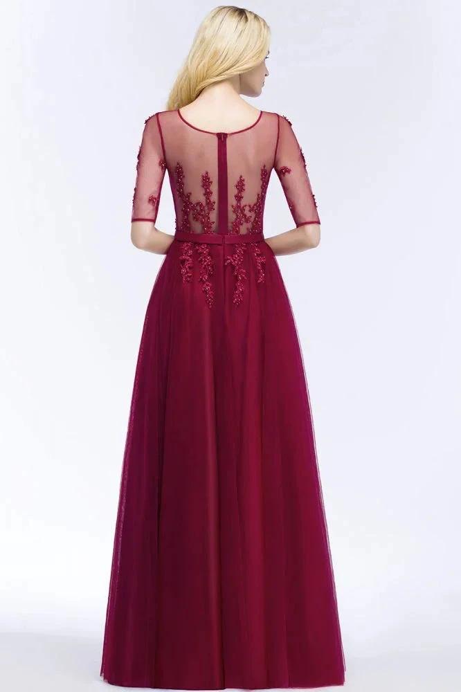 A-line Floor Length Appliques Tulle Bridesmaid Dress Half Sleeve Evening Dress (ZD13025)