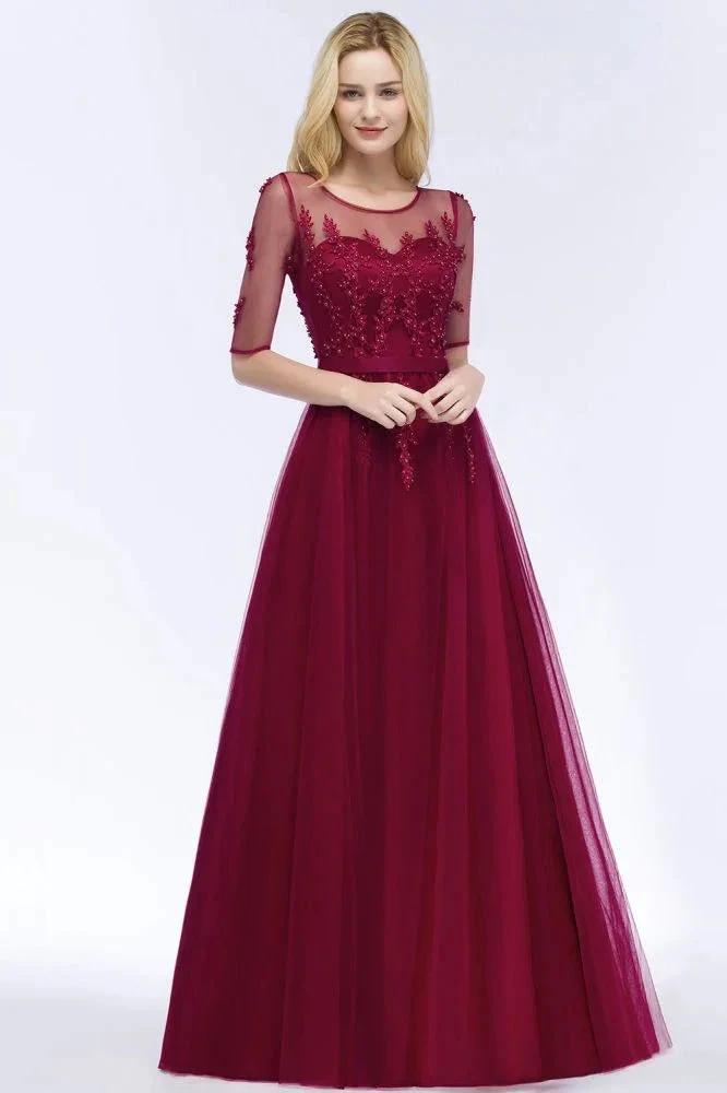 A-line Floor Length Appliques Tulle Bridesmaid Dress Half Sleeve Evening Dress (ZD13025) - VelvetHem
