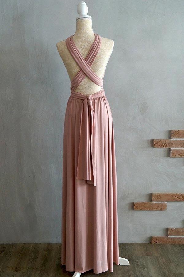 A-line Floor-Length Criss-Cross Straps Blush Spandex Bridesmaid Dress (ZD13220)