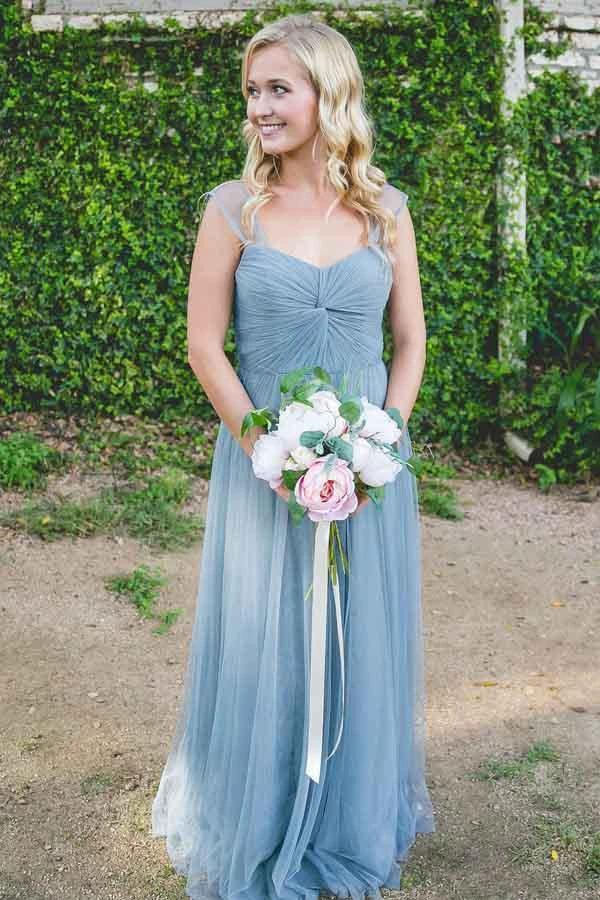 A-line Floor-Length Turquoise Sleeveless Tulle Bridesmaid Dress (ZD13218) - VelvetHem