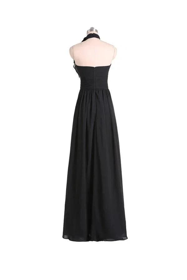 A-line Halter Floor Length Chiffon Black Bridesmaid Dress With Pleats (ZD13197)