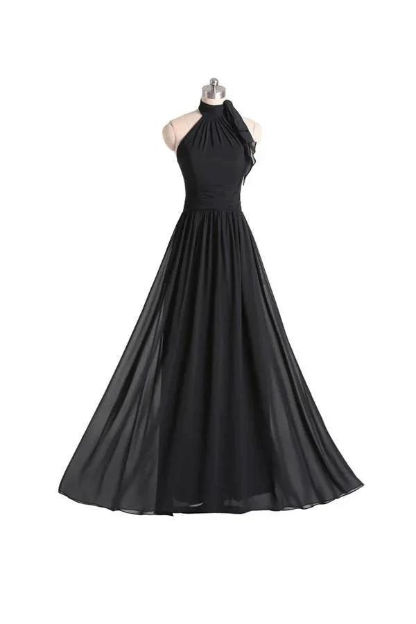 A-line Halter Floor Length Chiffon Black Bridesmaid Dress With Pleats (ZD13197) - VelvetHem