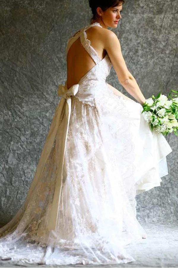 A-line Halter Neck Backless Bow Lace Wedding Dress with Court Train (ZD15338) - VelvetHem
