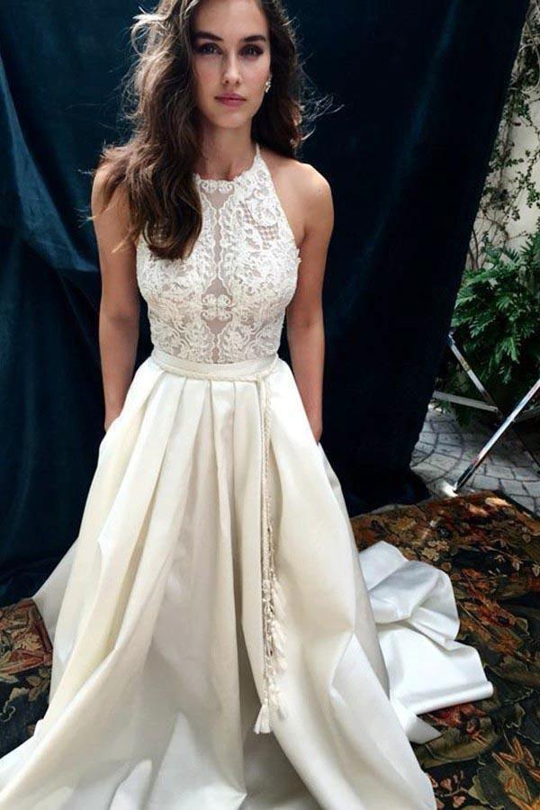 A-Line Halter Sweep Train Ivory Satin Wedding Dress with Lace (ZD15341) - VelvetHem