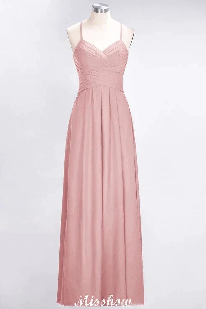 A-Line Halter V-Neck Sleeveless Bridesmaid Dress Ruffles Evening Swing Dress by misshow.com
