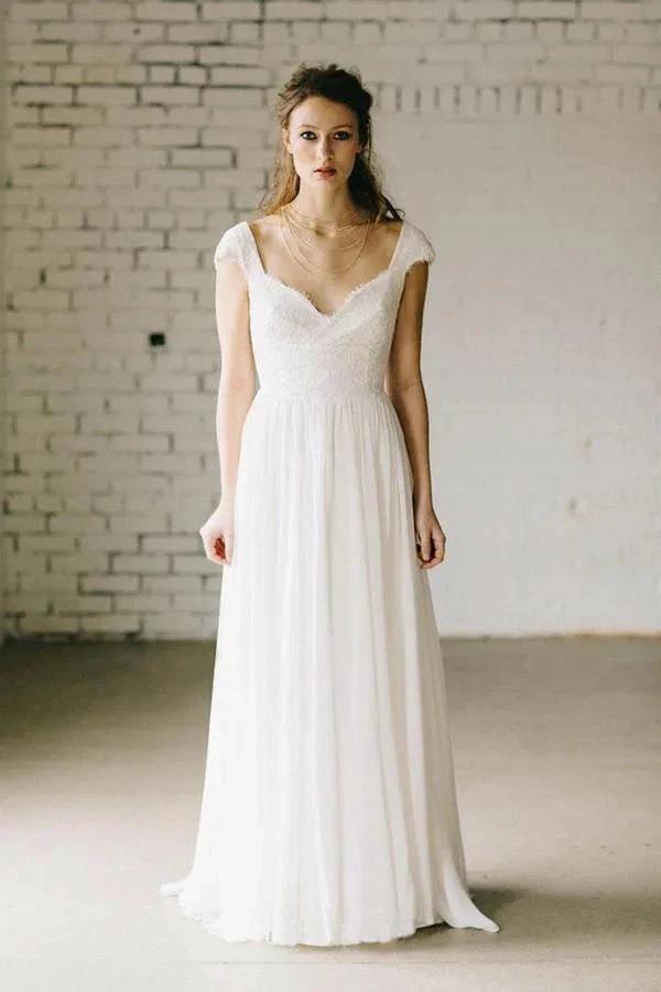 A-Line Ivory Lace Cap Sleeve Vintage Chiffon Wedding Dresses (ZD15495) - VelvetHem