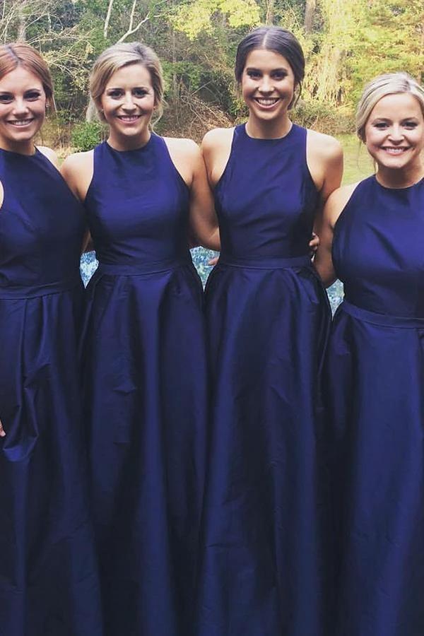 A-Line Jewel Floor-Length Navy Blue Sleeveless Satin Bridesmaid Dress (ZD13230) - VelvetHem