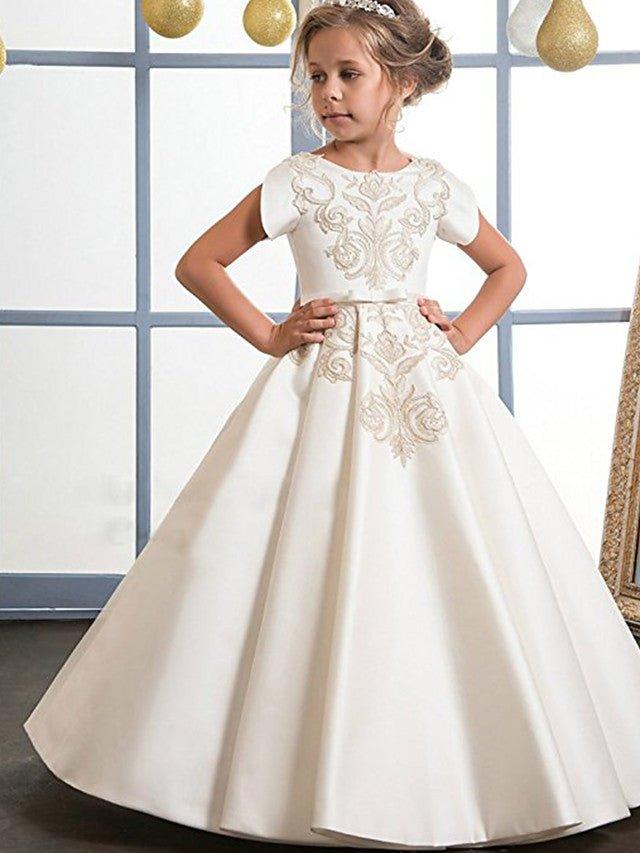 A-Line Jewel Neck Satin Wedding Birthday Pageant Flower Girl Dresses - VelvetHem
