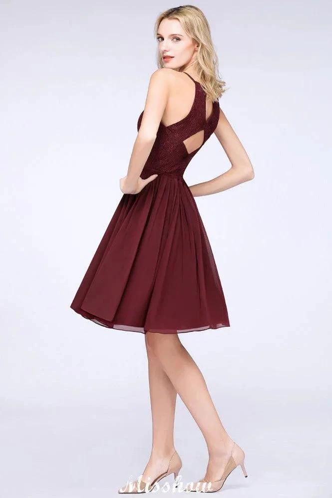 A-line Jewel Sleeveless Knee-Length Bridesmaid Dresses with Ruffle Chiffon Lace Party Dress (ZD12912)
