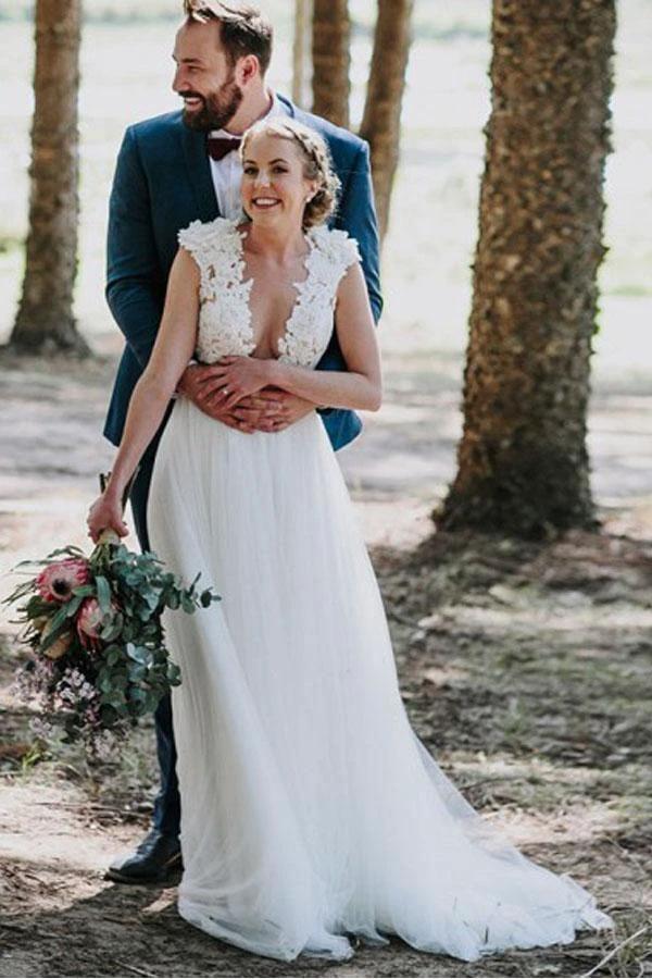 A-Line Jewel Sweep Train White Tulle Wedding Dress with Appliques (ZD15307) - VelvetHem