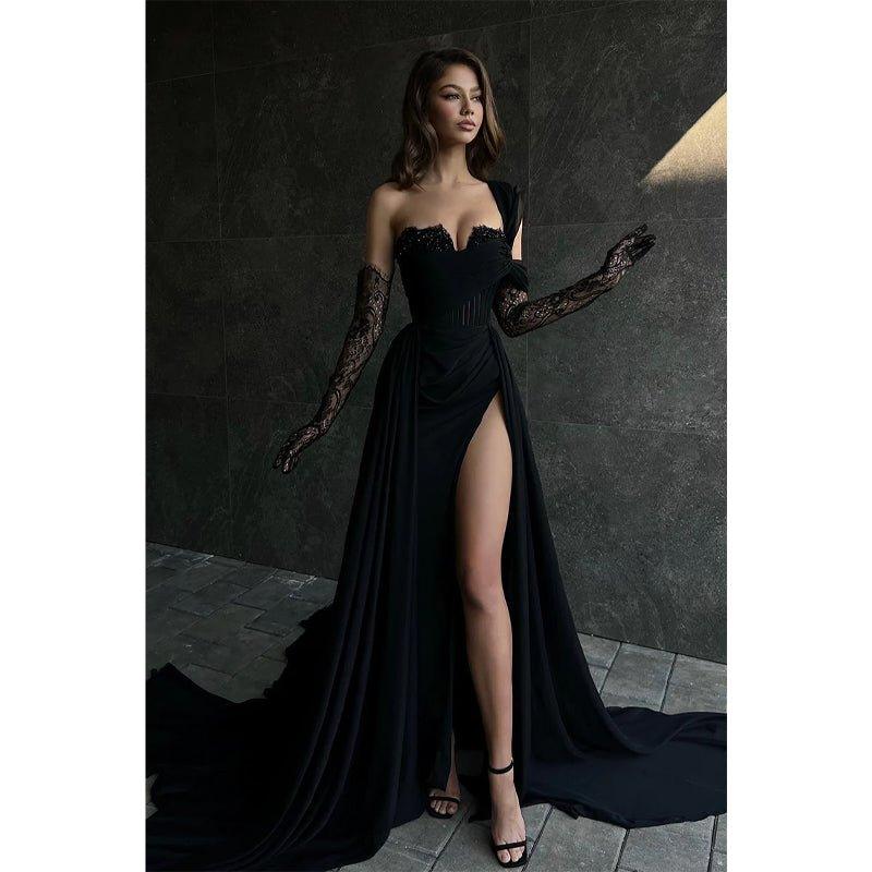 A Line Lace Appliques High Split Black Long Prom Formal Dress - VelvetHem