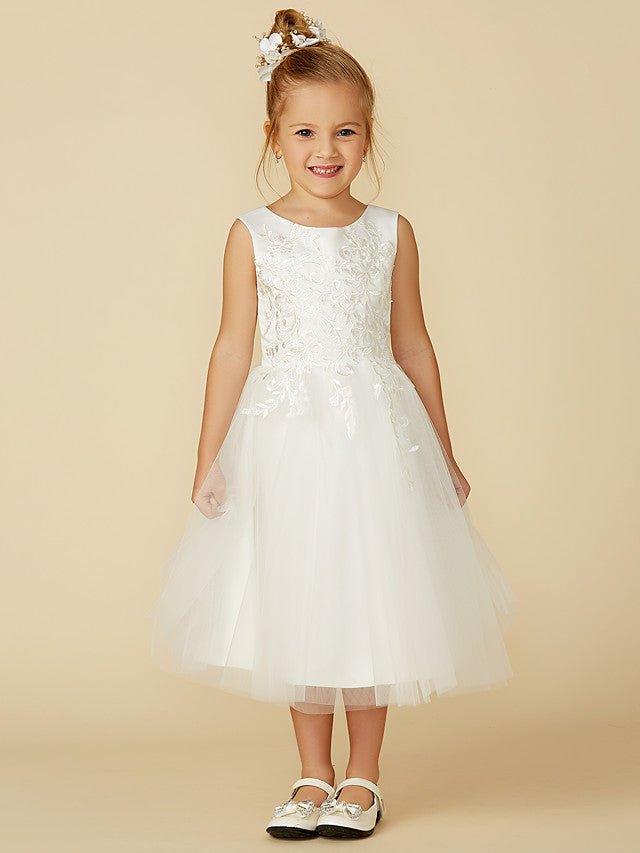 A-Line Lace Tulle Sleeveless Jewel Neck Wedding First Communion Flower Girl Dresses - VelvetHem