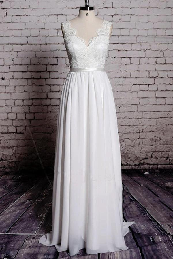 A-line Lace V-Neck Backless Sheath Long Wedding Dress (ZD16383)