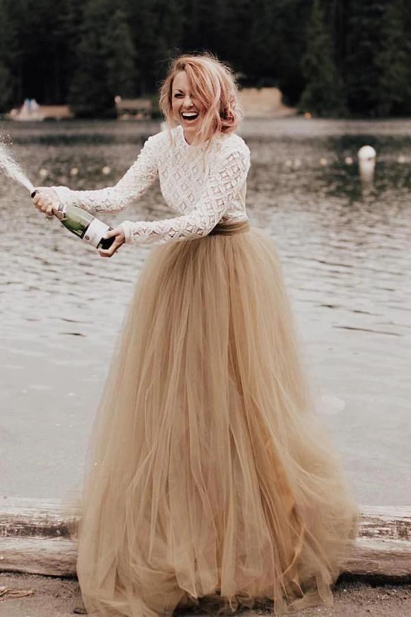 A-Line Long Sleeve Backless Princess Gown Wedding Dress Bridal Gown (ZD16321) - VelvetHem
