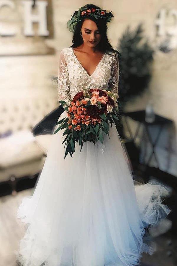 A-line Long Sleeves Tulle Wedding Dress With Lace Applique (ZD15386)