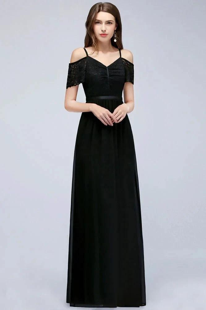 A-line Long Spaghetti V-neck Black Lace Chiffon Bridesmaid Dress (ZD13039)