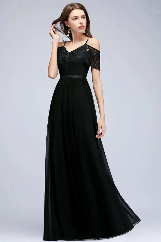 A-line Long Spaghetti V-neck Black Lace Chiffon Bridesmaid Dress (ZD13039) - VelvetHem