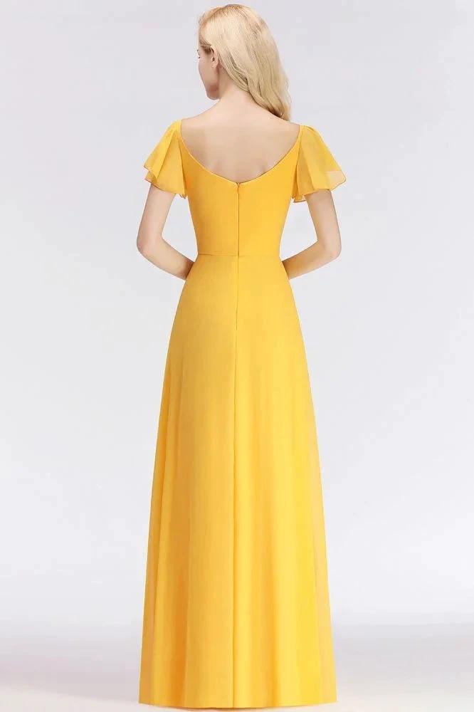 A-line Long V-neck Short Sleeves Yellow Chiffon Bridesmaid Dresses (ZD13052)