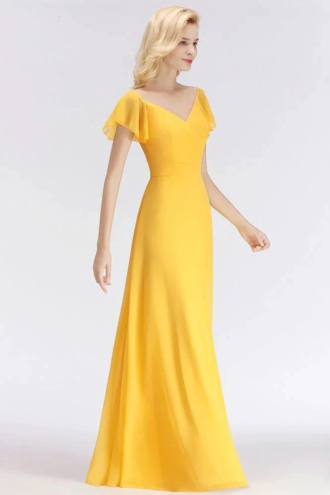 A-line Long V-neck Short Sleeves Yellow Chiffon Bridesmaid Dresses (ZD13052)