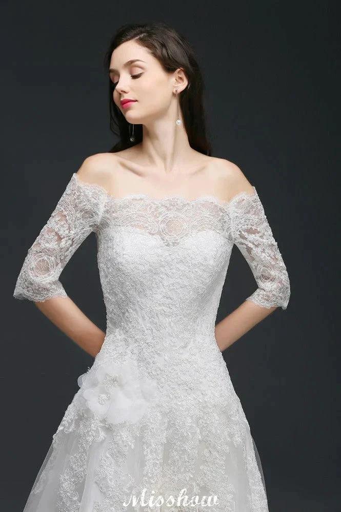 A-line Off-the-Shoulder Court Train Tulle Wedding Dresses with Buttons (ZD13933)