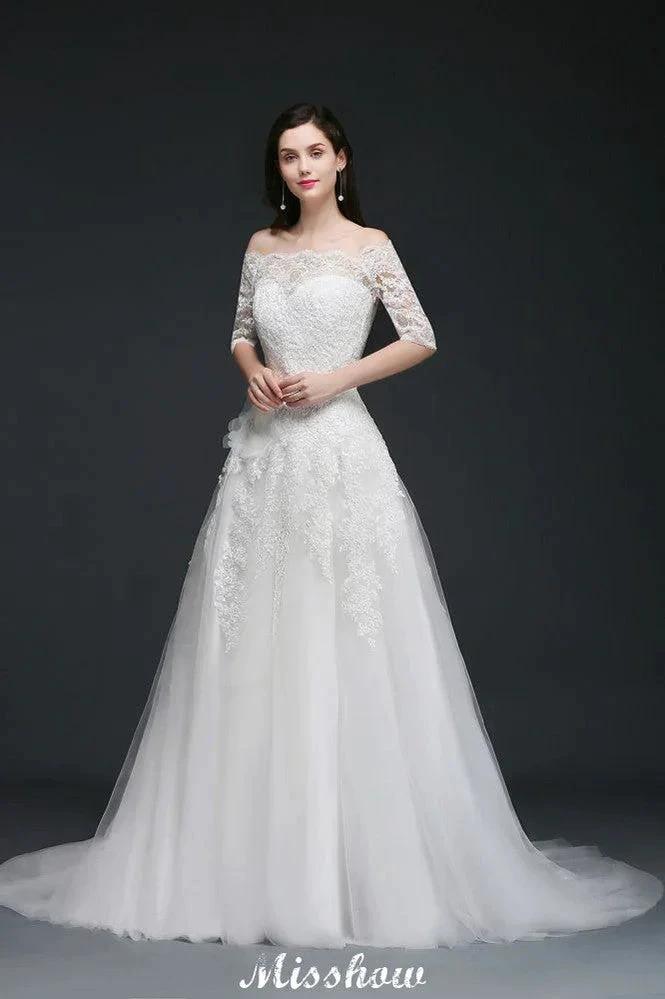 A-line Off-the-Shoulder Court Train Tulle Wedding Dresses with Buttons (ZD13933) - VelvetHem