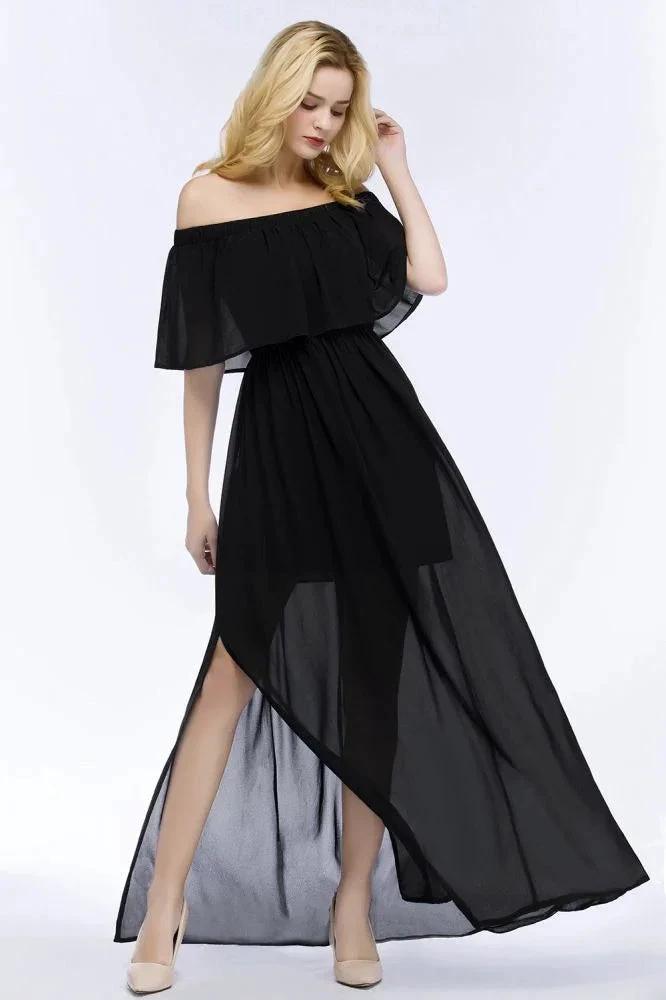 A-line Off-the-shoulder Floor Length Black Chiffon Bridesmaid Dresses by misshow.com