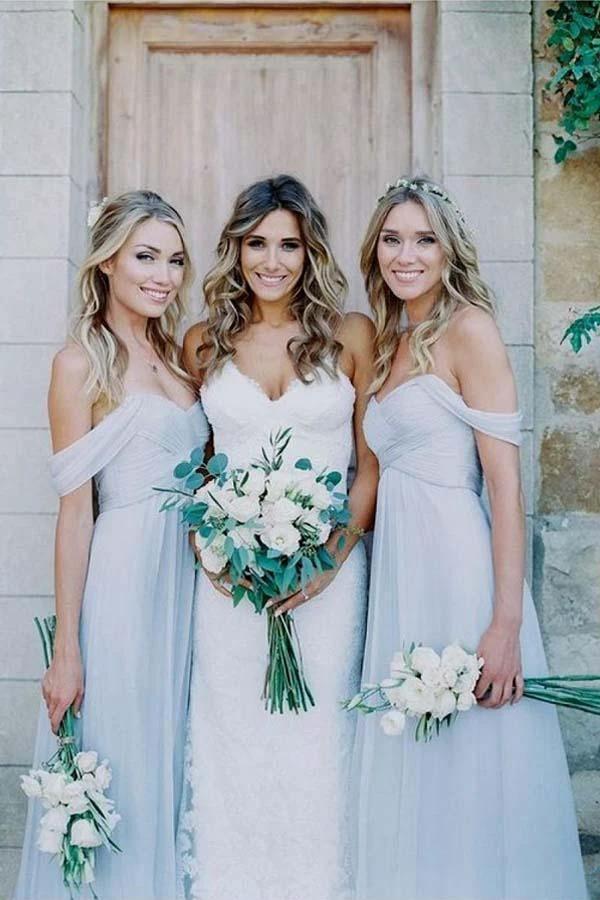 A-Line Off-the-Shoulder Floor-Length Light Blue Chiffon Bridesmaid Dress (ZD13240) - VelvetHem