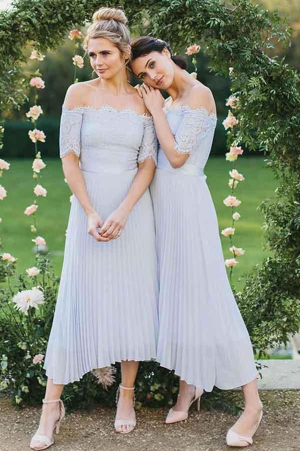 A-Line Off-the-Shoulder Light Blue Pleated Chiffon Bridesmaid Dress with Lace (ZD13233) - VelvetHem