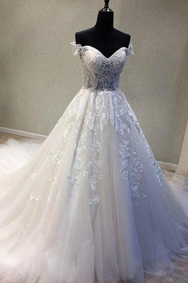A-Line Off-the-Shoulder Short Sleeves Wedding Dress with Appliques (ZD16187) - VelvetHem