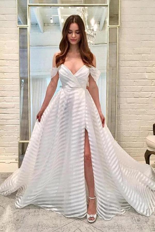 A-Line Off-the-Shoulder Sweep Train White Wedding Dress with Tiered Split (ZD16005) - VelvetHem