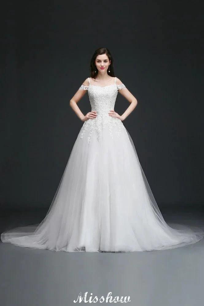 A-line Off-the-Shoulder Tulle Elegant Wedding Dresses with Appliques (ZD13938) - VelvetHem