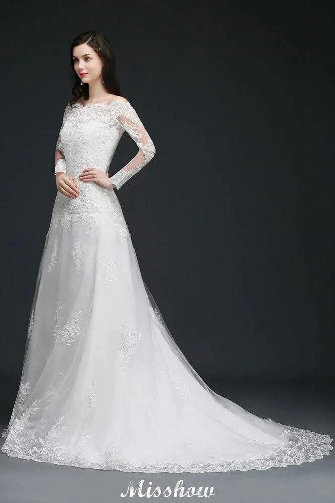 A-line Off-The-Shoulder Tulle Glamorous Wedding Dresses with Lace by misshow.com