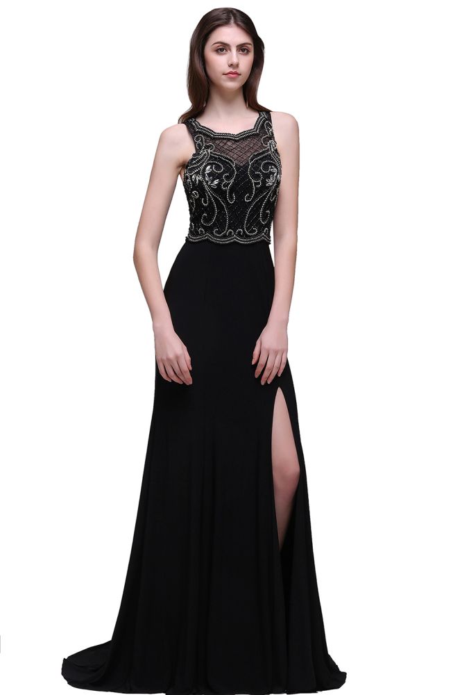 A-Line Pearls Straps Sweet Train Black Prom Dresses - VelvetHem