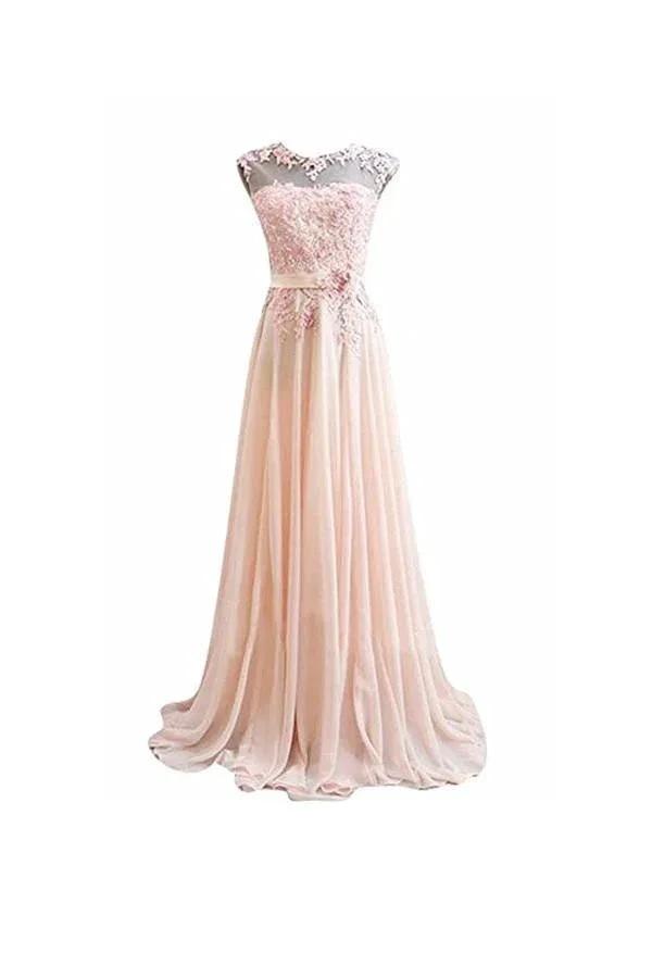 A Line Pink Long Lace Chiffon Prom Evening Dresses (ZD13179) - VelvetHem