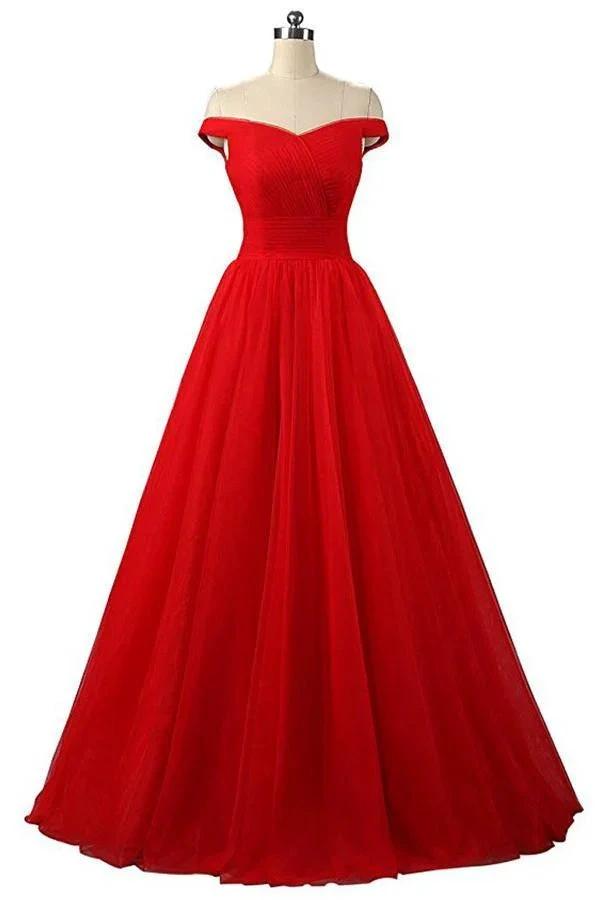 A-line Red Floor Length Tulle PromDresses Evening Dresses (ZD13159) - VelvetHem