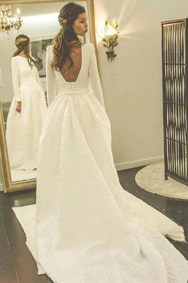 A-Line Round Neck Backless Satin Wedding Dress with Sleeves (ZD15494) - VelvetHem