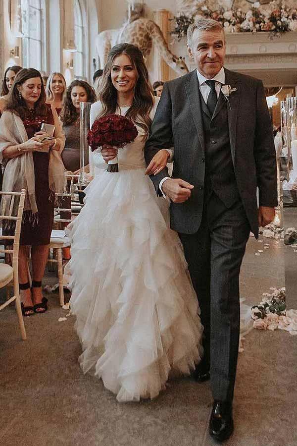 A-Line Round Neck Court Train Tulle Wedding Dress with Long Sleeves (ZD16327)