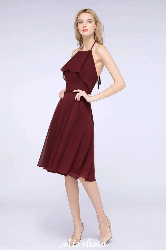 A-Line Ruffles Chiffon Halter Knee-Length Party Dress Simple Bridesmaid Dress by misshow.com