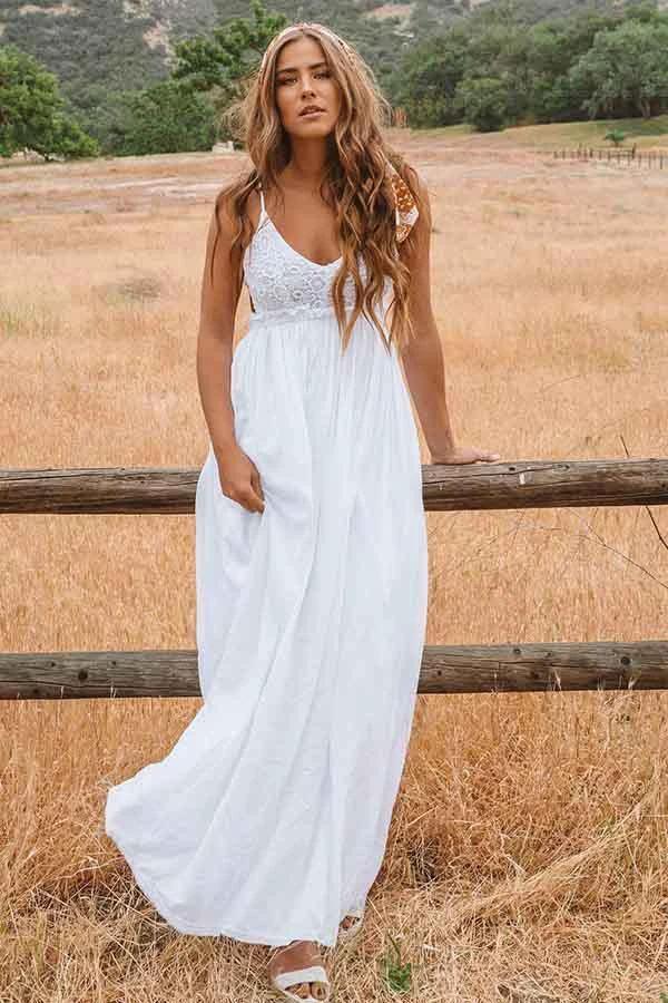 A-Line Scoop Backless Floor Length Beach Wedding Dress with Lace (ZD16065) - VelvetHem