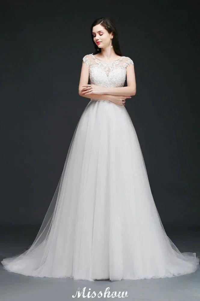 A-line Scoop Court Train Tulle Glamorous Wedding Dresses with Sash (ZD13935)