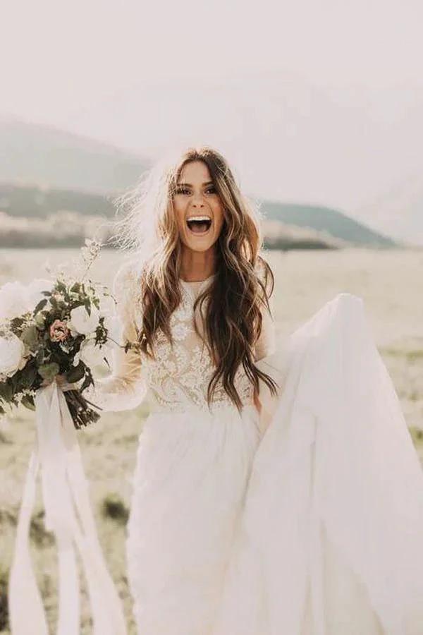 A-line Scoop Lace Wedding Dress Long Sleeve Rustic Wedding Dresses (ZD16359) - VelvetHem