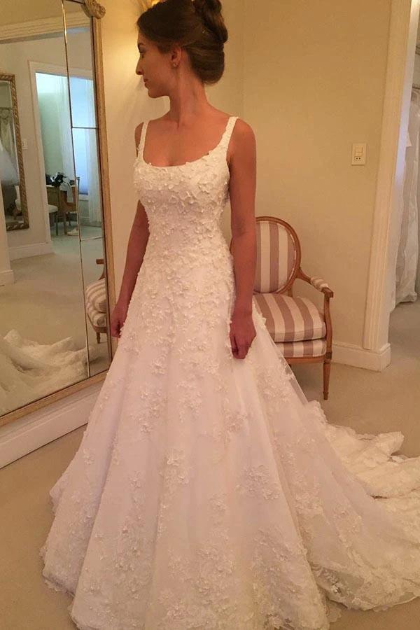 A-line Scoop Sweep Train Sleeveless Wedding Dress with Appliques (ZD16308) - VelvetHem