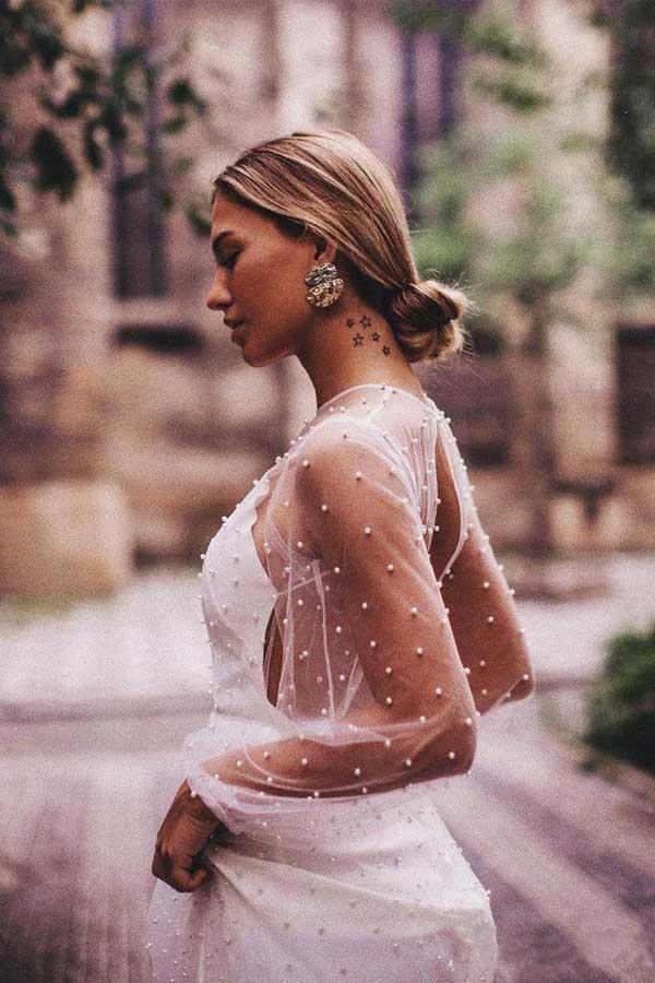 A-line See Through Tulle Long Sleeve Wedding Dresses Pearl (ZD16025)