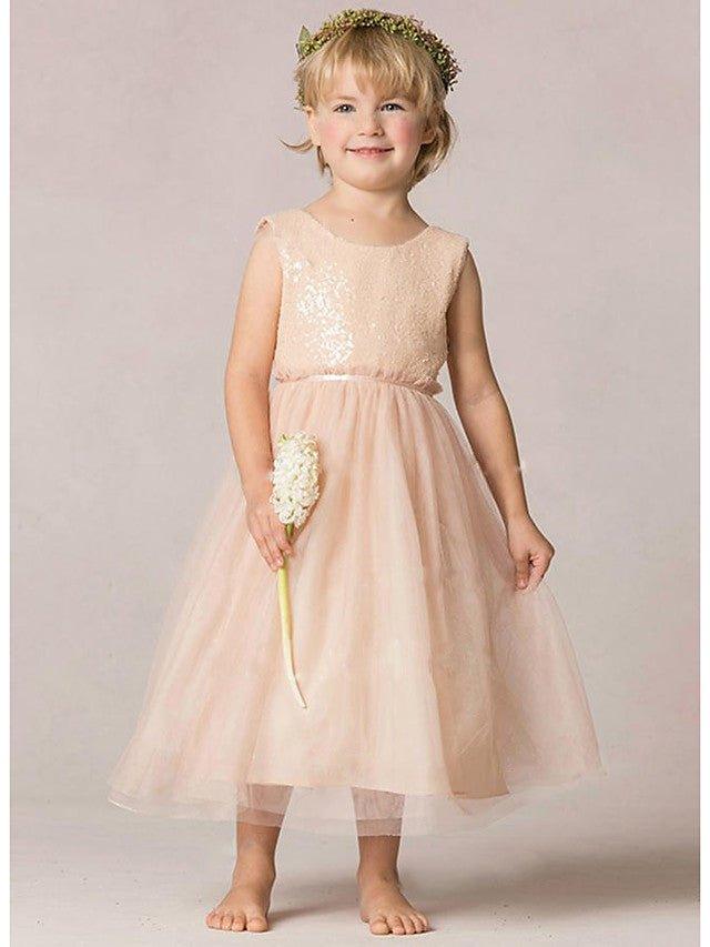 A-Line Sequined Sleeveless Jewel Neck Wedding Party Flower Girl Dresses - VelvetHem