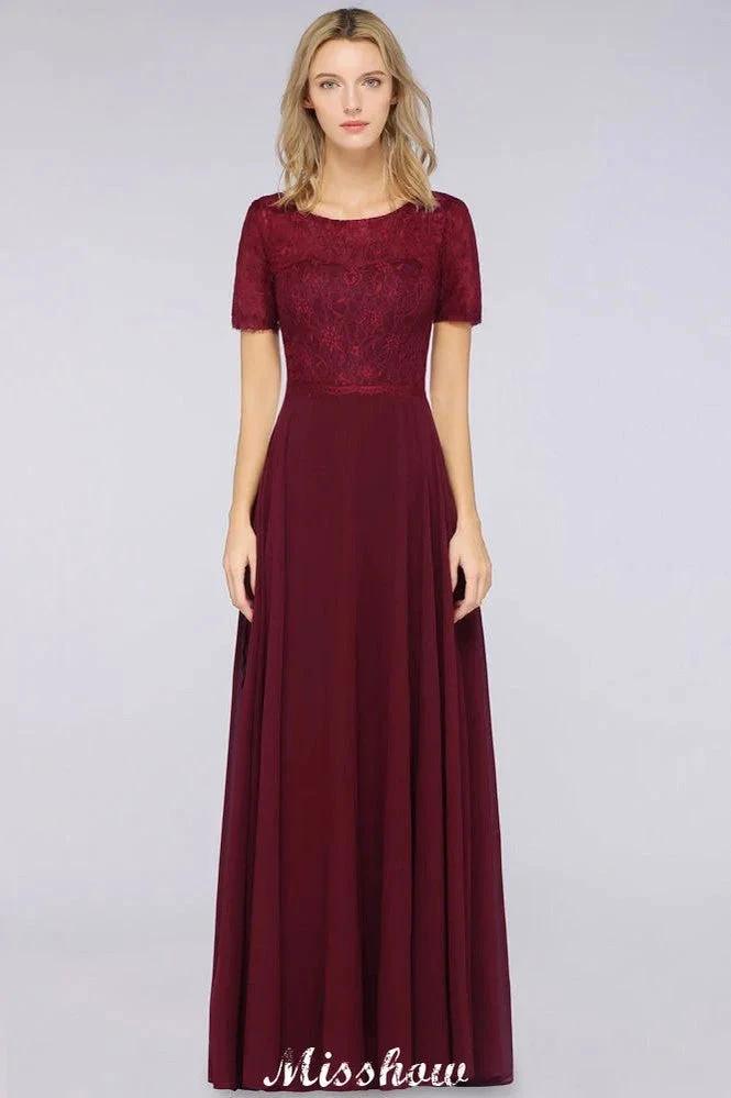 A-Line Short-Sleeves Floor-Length Bridesmaid Dress Chiffon Lace Round-Neck Evening Dress (ZD12909)