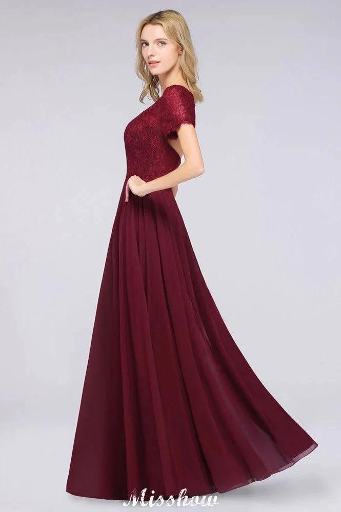 A-Line Short-Sleeves Floor-Length Bridesmaid Dress Chiffon Lace Round-Neck Evening Dress (ZD12909)
