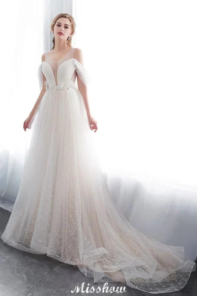 A-line Sleeveless Floor Length Lace Ivory Wedding Dress (ZD16614)